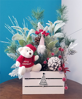 Merry Christmas Bear in a White Arrangement $25